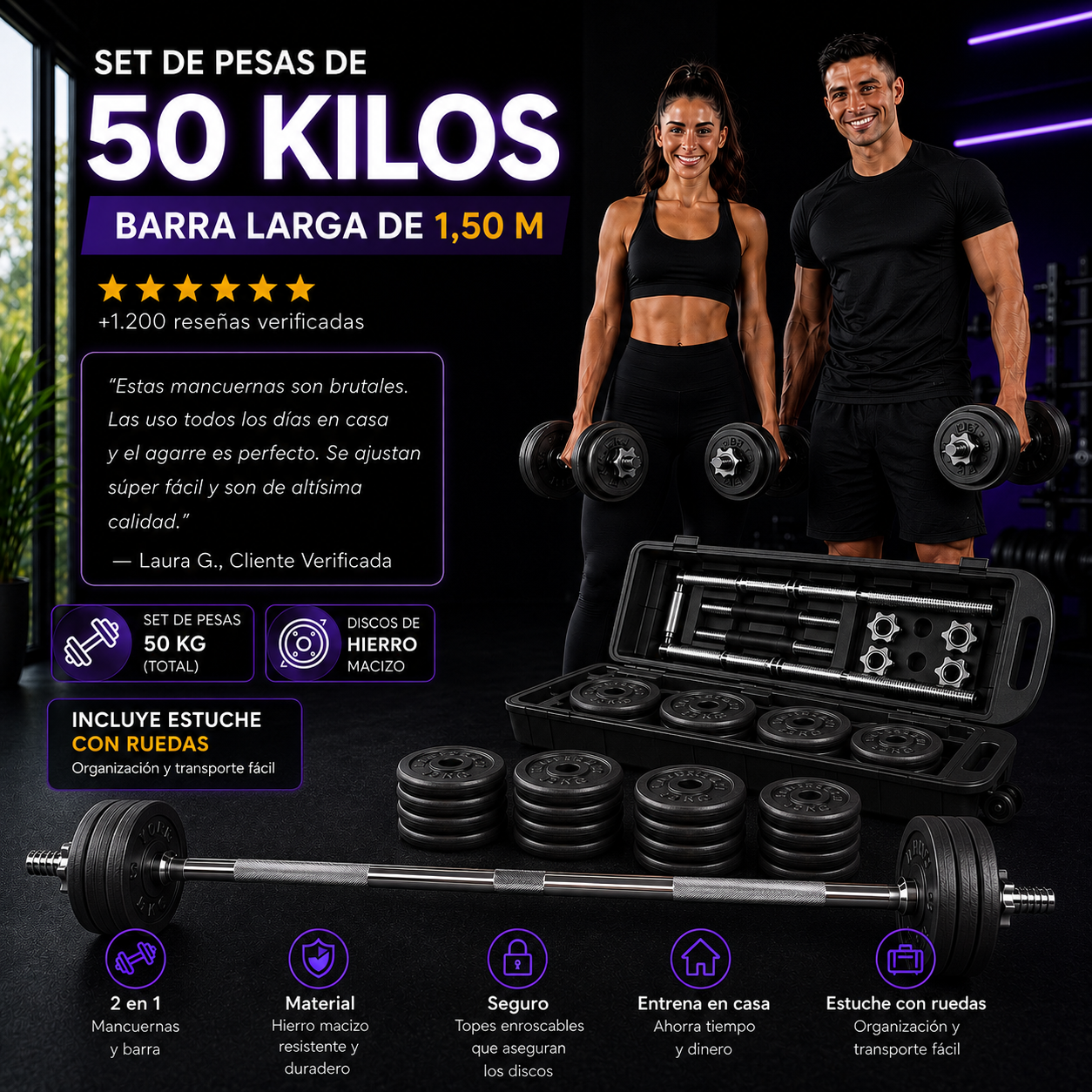 Kit Fitness Premium 50 kg en Hierro macizo + Barra  + Estuche