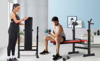 Banco de Pesas Ajustable  plegable con Soporte Rack Ultra Resistente en acero