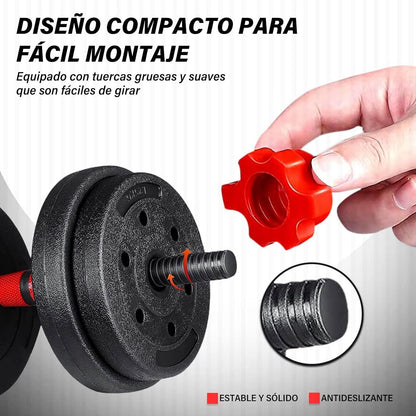 Kit pesas 40 libras PRO Multifuncional + barra larga 1,40 M + LAZO PRO DE SALTO