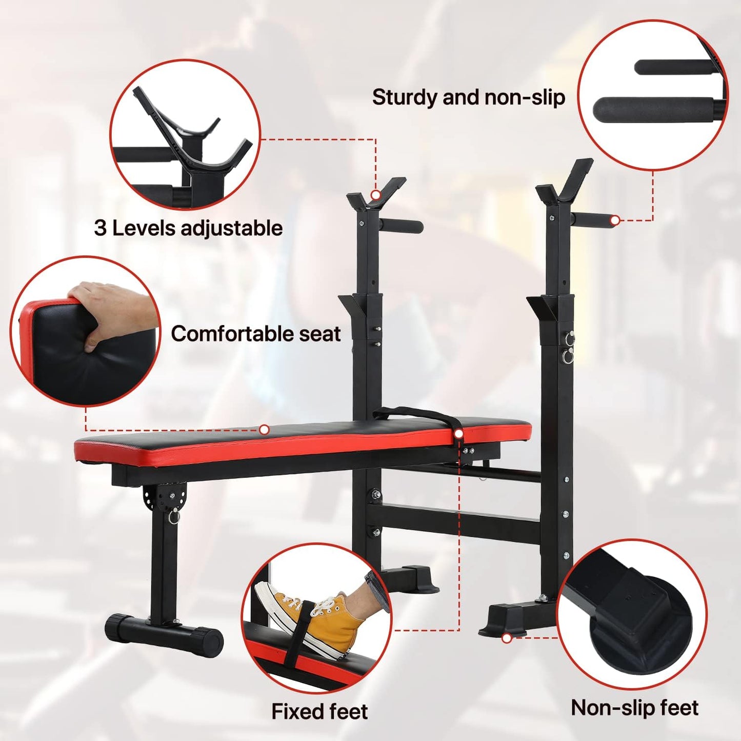 Banco de Pesas Ajustable  plegable con Soporte Rack Ultra Resistente en acero
