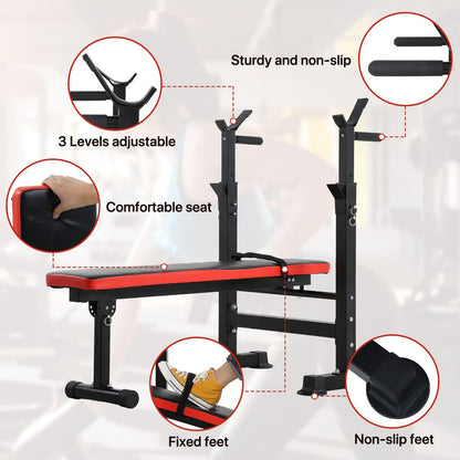 Banco de Pesas Ajustable  plegable con Soporte Rack Ultra Resistente en acero