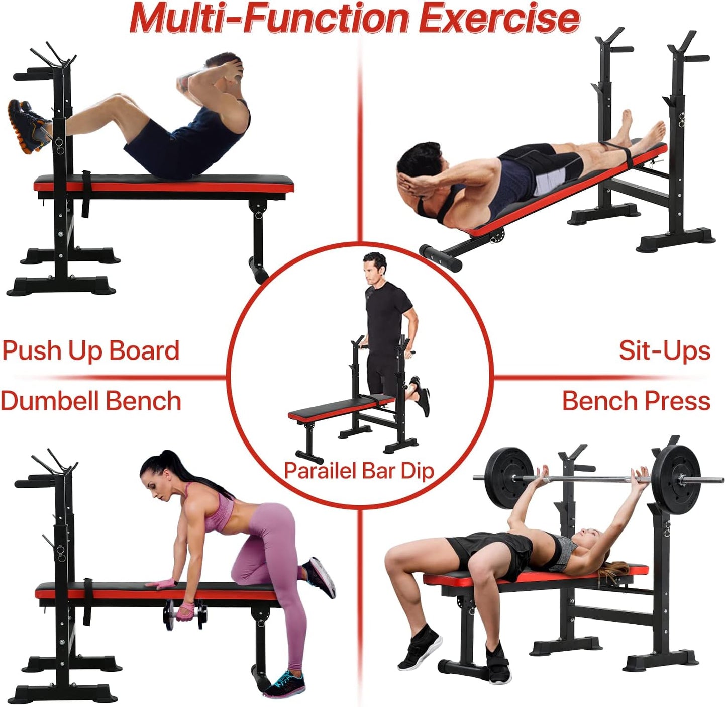 Banco de Pesas Ajustable  plegable con Soporte Rack Ultra Resistente en acero