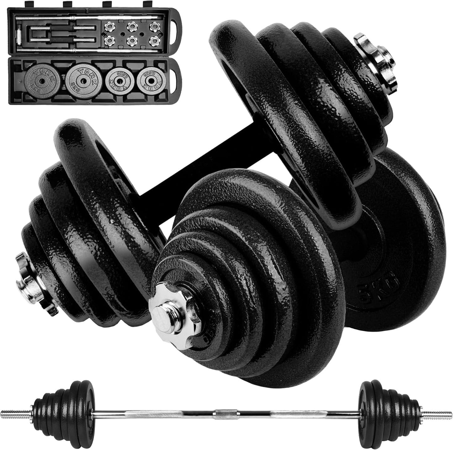 Kit Fitness Premium 50 kg en Hierro macizo + Barra  + Estuche