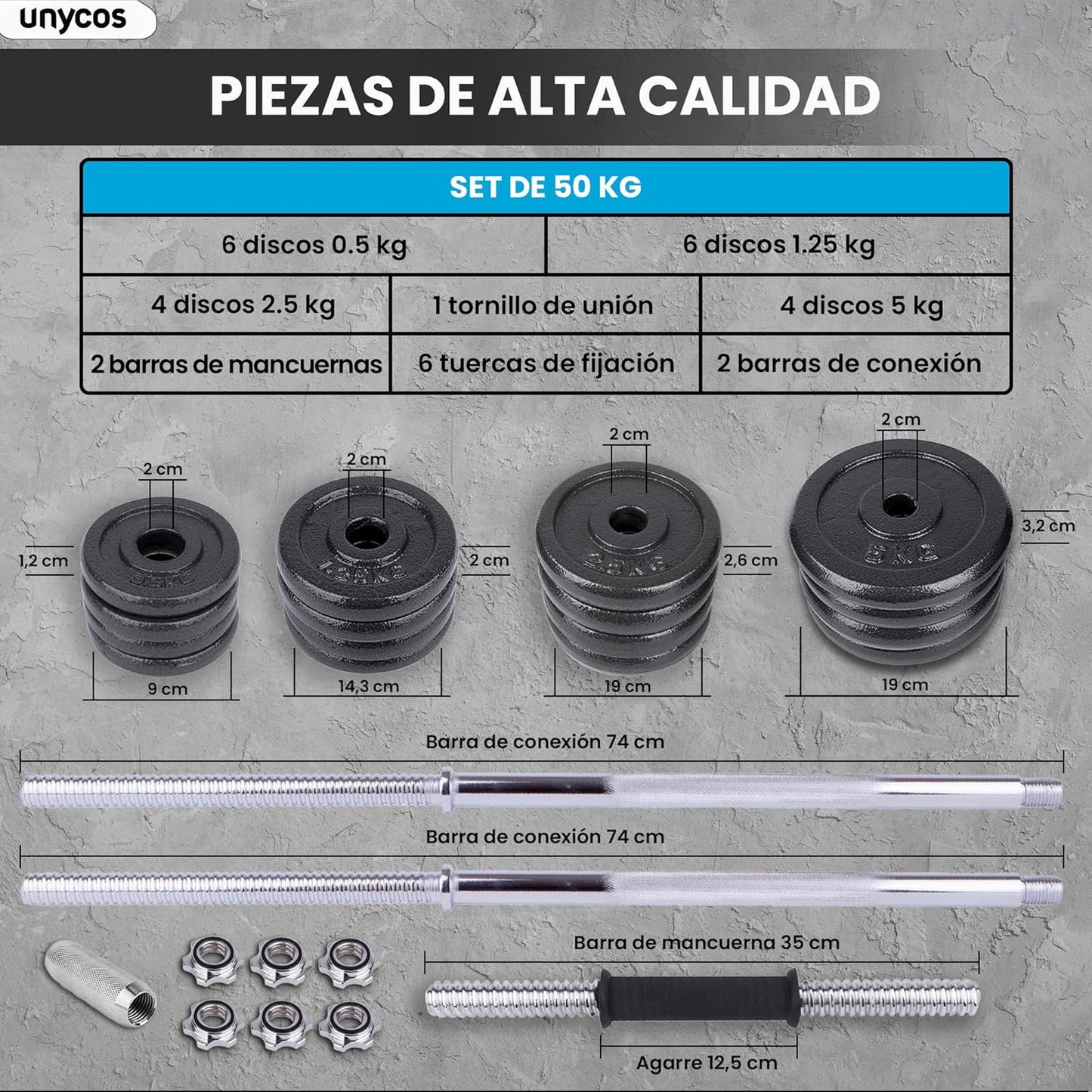 Kit Fitness Premium 50 kg en Hierro macizo + Barra  + Estuche