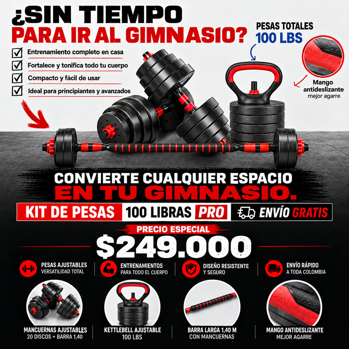 Kit de Pesas PRO 100 lb + Pesa Rusa + Barra 1,40 m 🎁 OBSEQUIO