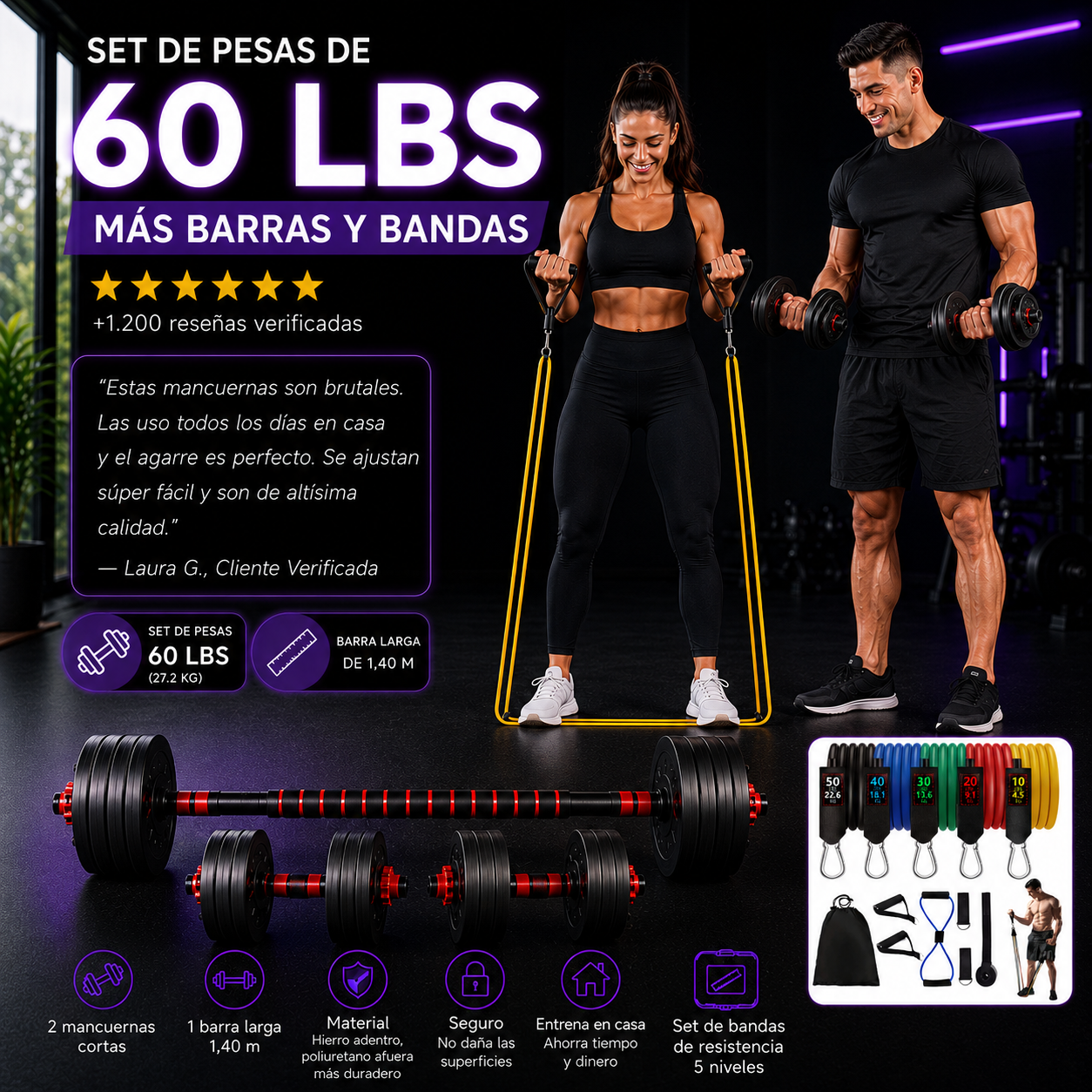 set pesas 60 libras PRO + Set Bandas Tubulares 100 LBS