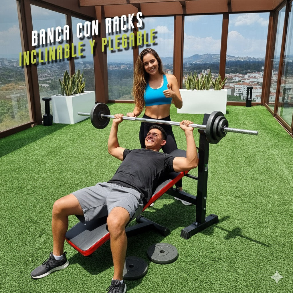 Banco de Pesas Ajustable  plegable con Soporte Rack Ultra Resistente en acero