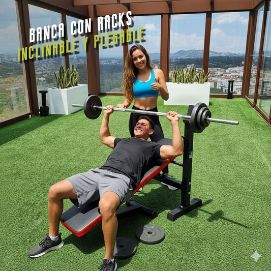 Banco de Pesas Ajustable  plegable con Soporte Rack Ultra Resistente en acero