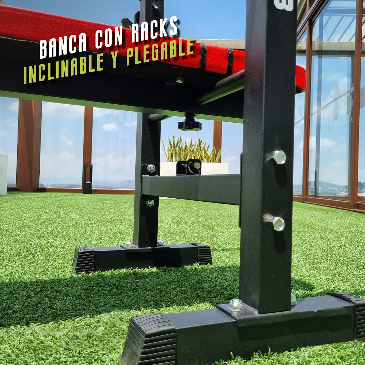 Banco de Pesas Ajustable  plegable con Soporte Rack Ultra Resistente en acero