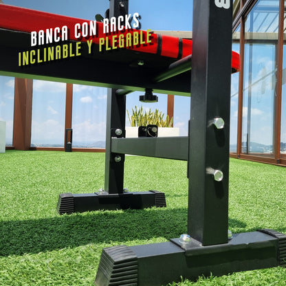 Banco de Pesas Ajustable  plegable con Soporte Rack Ultra Resistente en acero