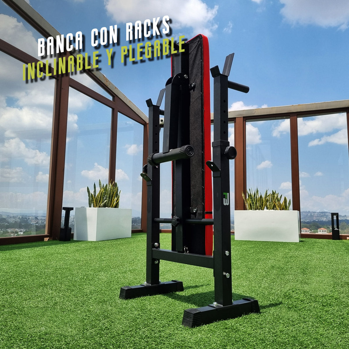 Banco de Pesas Ajustable  plegable con Soporte Rack Ultra Resistente en acero