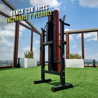 Banco de Pesas Ajustable  plegable con Soporte Rack Ultra Resistente en acero