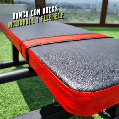 Banco de Pesas Ajustable  plegable con Soporte Rack Ultra Resistente en acero