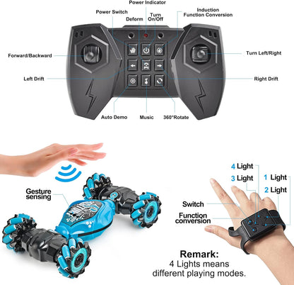 Coche de control remoto, 2.4G 4WD , todos los terrenos de doble cara giratoria controlados a mano, camión RC gesto  para niños y niñas con música